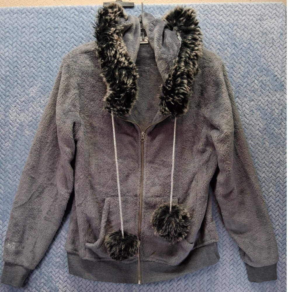 Cirque du Soleil Crystal Gray Fleece Faux Fur Trim Pom Pom Zip Hoodie Medium